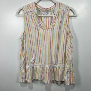 Crown & Ivy Striped Sleeveless Top Womens Medium V Neck Tassel Boho Blouse